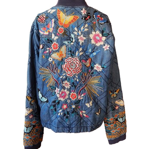 Johnny Was Western Denim Bomber Jacket  Embroidered Full Zip Small Rare - Picture 5 of 7